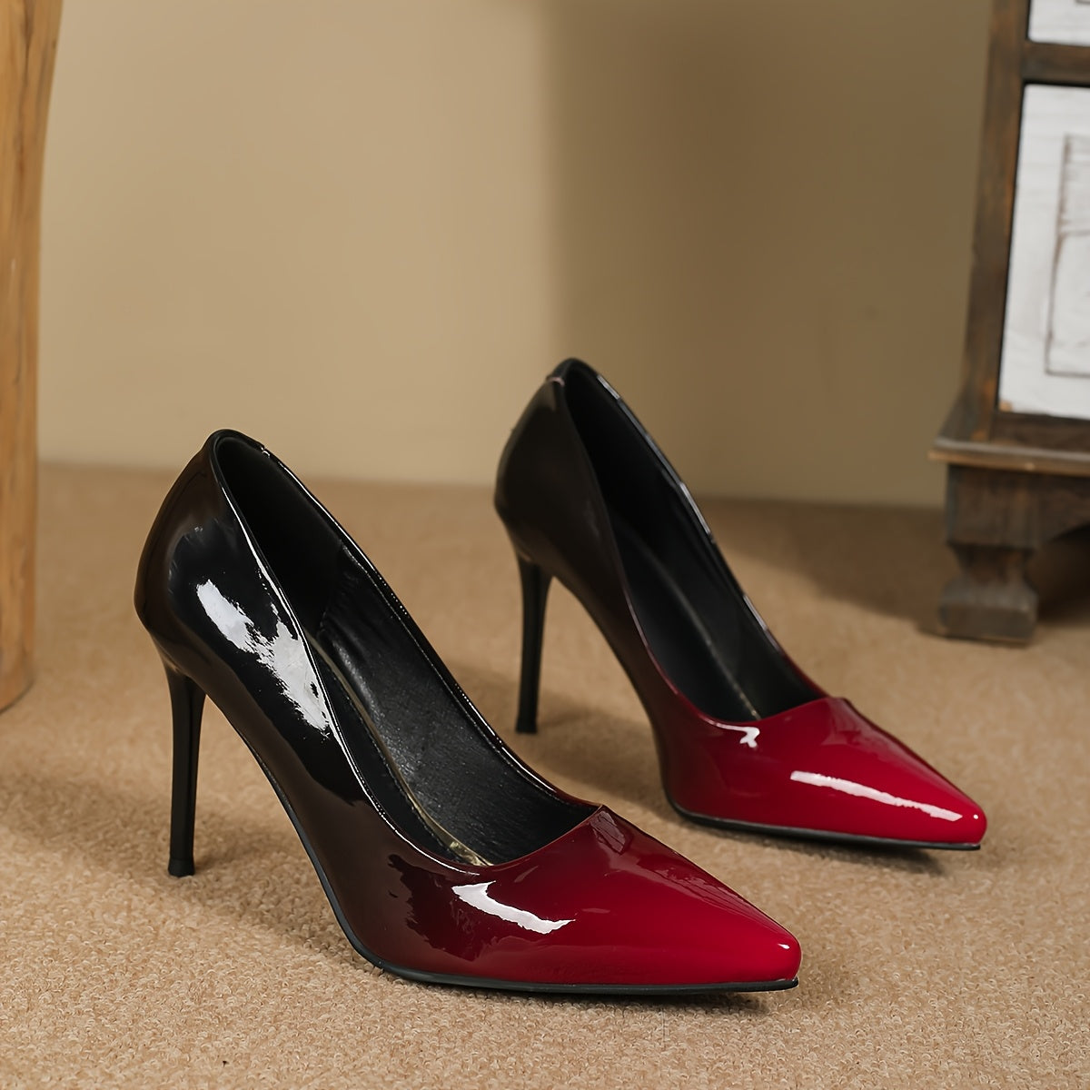 Women's Gradient Pointed-Toe High Heels - Elegant Black to Red Transition, Glossy Finish Stiletto Pumps with Faux Cover Upper and TPU Sole, Stiletto Heels