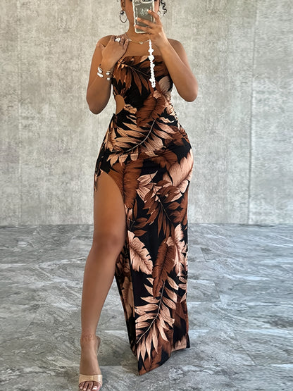 [Trendy Tropical Dress] Trendy Strapless Tropical Print Dress | With Side Cut-Outs And High Slit - Sexy Summer Dress for Parties And Special Occasions
