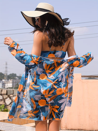 Leaf Print Tie Front Ring Belt Decor 3 Piece Swim Suit, Spaghetti Strap Stretchy Bikini With Open Front Long Sleeve Cover Up, Women's Swimwear & Clothing