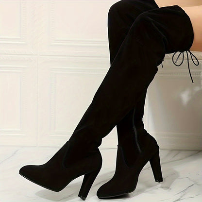 Women's Solid Colored Long Boots With Thick Heels And Side Zippers, Knee Boots, Winter Lace Round Toe Repair Boots