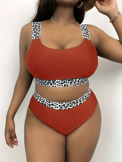 Plus Size Solid Leopard Print Bikini Set
