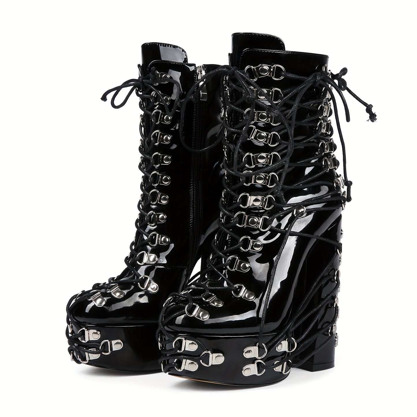 Women's Black Chunky Heel Platform Boots with Metal Buckles - Stylish Lace-Up High Heels, Side Zipper Design, PU Cover Upper & Sole, Round Toe, Perfect for Fashionable Outfits