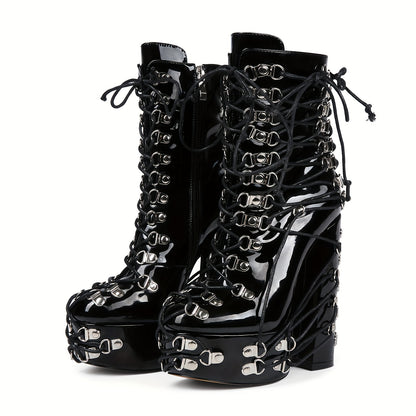Women's Black Chunky Heel Platform Boots with Metal Buckles - Stylish Lace-Up High Heels, Side Zipper Design, PU Cover Upper & Sole, Round Toe, Perfect for Fashionable Outfits