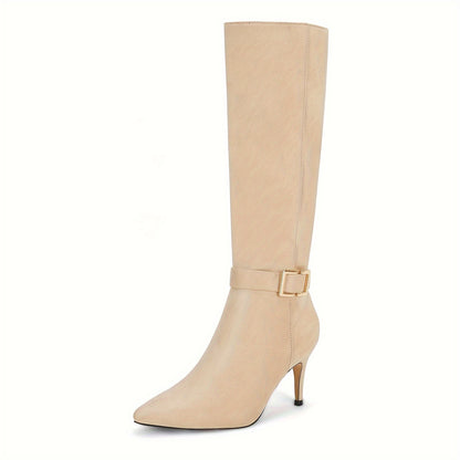 Women's Knee High Boots, High Heels, Suede Leather, Pointed Toe, Wide Calf, Metal Buckle, Side Zipper, Winter Boots