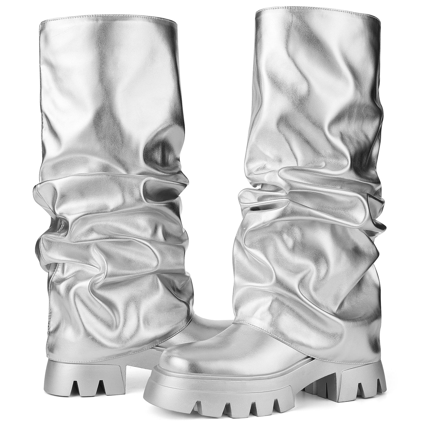 Women's Platform Knee High Boots Fashion Pleated Chunky High Heels Round Toe Fold Over Pull On Slouchy Shark Boots