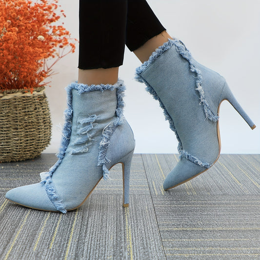 Women's Denim Stiletto Ankle Boots with Frayed Detail - Pointed Toe High Heel Cowgirl Booties, Light Blue Denim Short Boots for Fall Fashion, Stiletto Heels