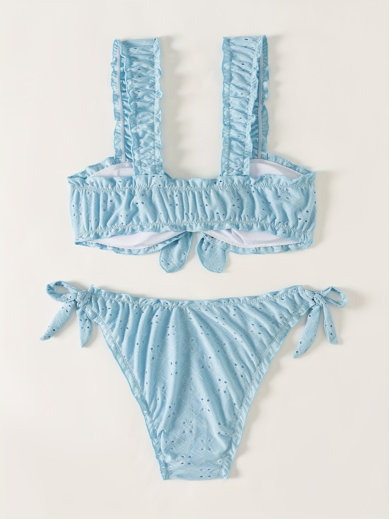 2 Piece Eyelet Embroidery Frill Stretchy Knot Bikini Set - Cute, Comfortable, and Chic Women's Swimwear with Plain White Color - Perfect for Beach, Pool, and Summer Vacation