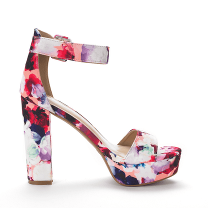 Women's Floral Print High Heel Sandals with Ankle Strap – Elegant Thick Heel Platform Pumps for Parties, Open Toe Design, Fabric Upper & TPR Sole, Hand Wash or Dry Clean, Elegant Sandals | Floral High Heels | Fabric Upper S