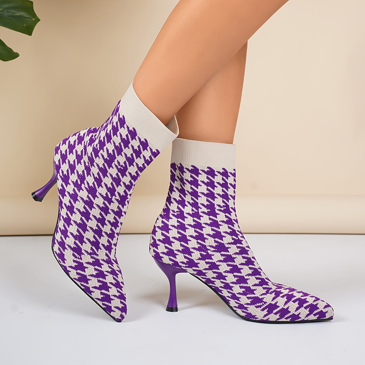 Women'S Elegant Houndstooth Sock Booties, Pointed Toe Stiletto High Heels, Slip-on Dress Boots for All Seasons, Comfortable Dress Footwear for Parties and Banquets