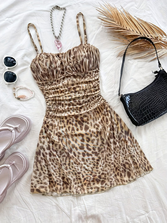 Sexy Leopard Print Mesh Suspender Dress for Women - Ruched Bodice, Sleeveless Summer Dress with Adjustable Thin Straps, Perfect for Casual or Stylish Outfits, Summer Fashion | Leopard Print Dress | Mesh Detailing, Cute Dresse