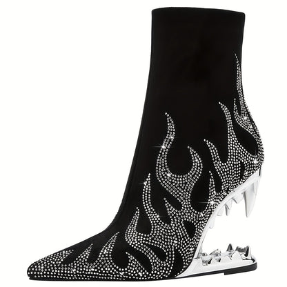Fashion Women's High Heels - Shiny Rhinestone, Flame Pattern, Pointed Toe, Side Zipper, Cool Shark Teeth Design, Perfect for Party Nightclub, Ankle Booties