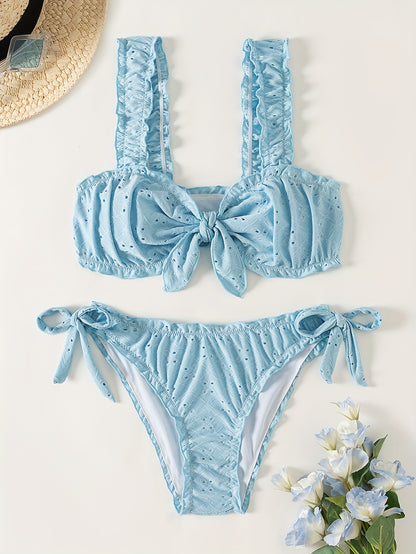 2 Piece Eyelet Embroidery Frill Stretchy Knot Bikini Set - Cute, Comfortable, and Chic Women's Swimwear with Plain White Color - Perfect for Beach, Pool, and Summer Vacation