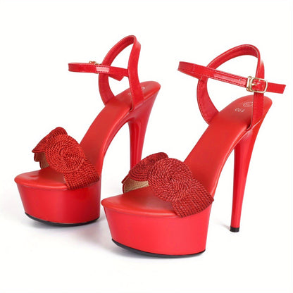 Elegant Women's Red Platform Sandals with Floral Embellishment - Sexy Open Toe, High Stiletto Heels, Waterproof, Faux Cover Ankle Strap - Perfect for Catwalk & Parties, Ladies Sandals