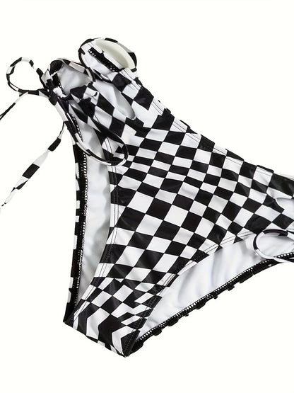 Chic Plaid Bikini Set - 3-Piece with Short Sleeve Cropped Cover Up - Adjustable Halter Tie Strap Swimsuits - Premium Womens Swimwear Collection