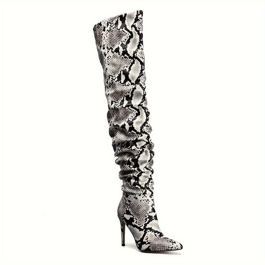 Women's Snakeskin Knee-High Boots: Sexy, Stylish, Exquisite Pointed Toe, Fine High Heels, Pleated Detailing