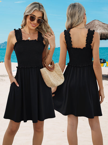 Women'S Smocked Mini Dress - Square Neck Sleeveless Summer Dress With Pockets, Flowy Beach Dress, Vacation Outfit, Spring & Summer Casual Dress