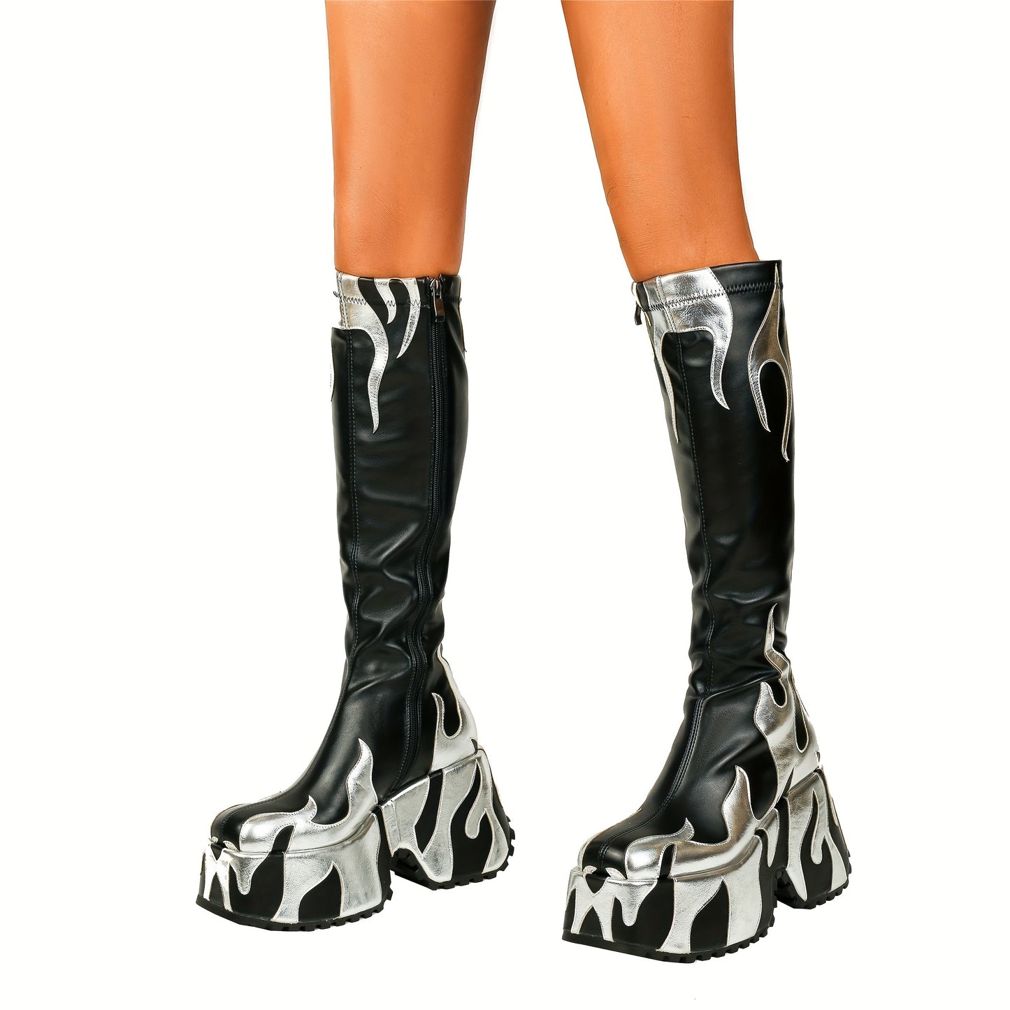 Women's Knee-high Boots With Side Zipper, High Heels, Flame Design, And Thick Soles
