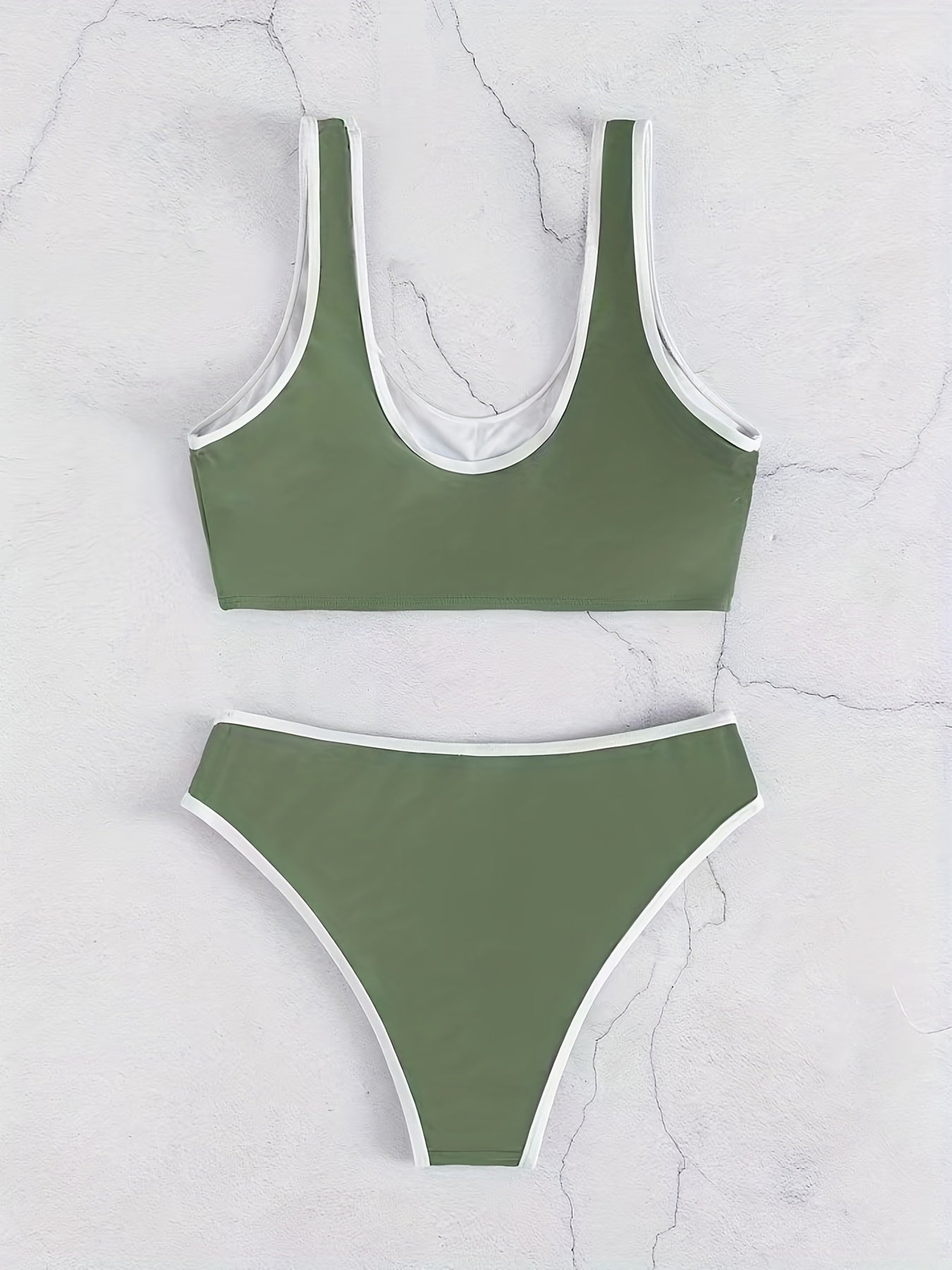 2-Piece High Stretch Bikini Set with Contrast Trim - Scoop Neck Top & Matching Swim Briefs - Stylish Swimwear for Women, Ideal for Beach & Pool