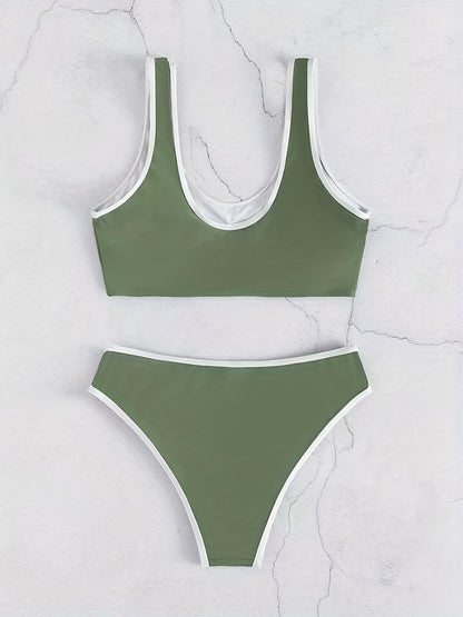 2-Piece High Stretch Bikini Set with Contrast Trim - Scoop Neck Top & Matching Swim Briefs - Stylish Swimwear for Women, Ideal for Beach & Pool