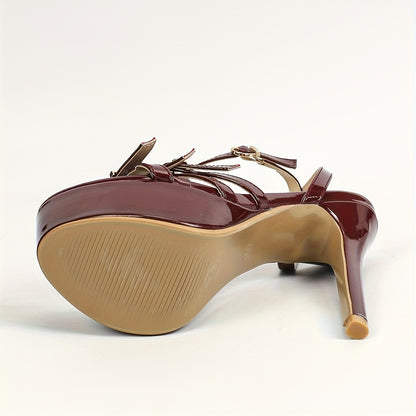Women's Sexy Strappy High Heels Sandals - Maroon PU Patent, Thick Sole, Waterproof Platform, Round Toe, Stiletto Heel - For Evening Parties & Special Occasions - Perfect Gift for Women