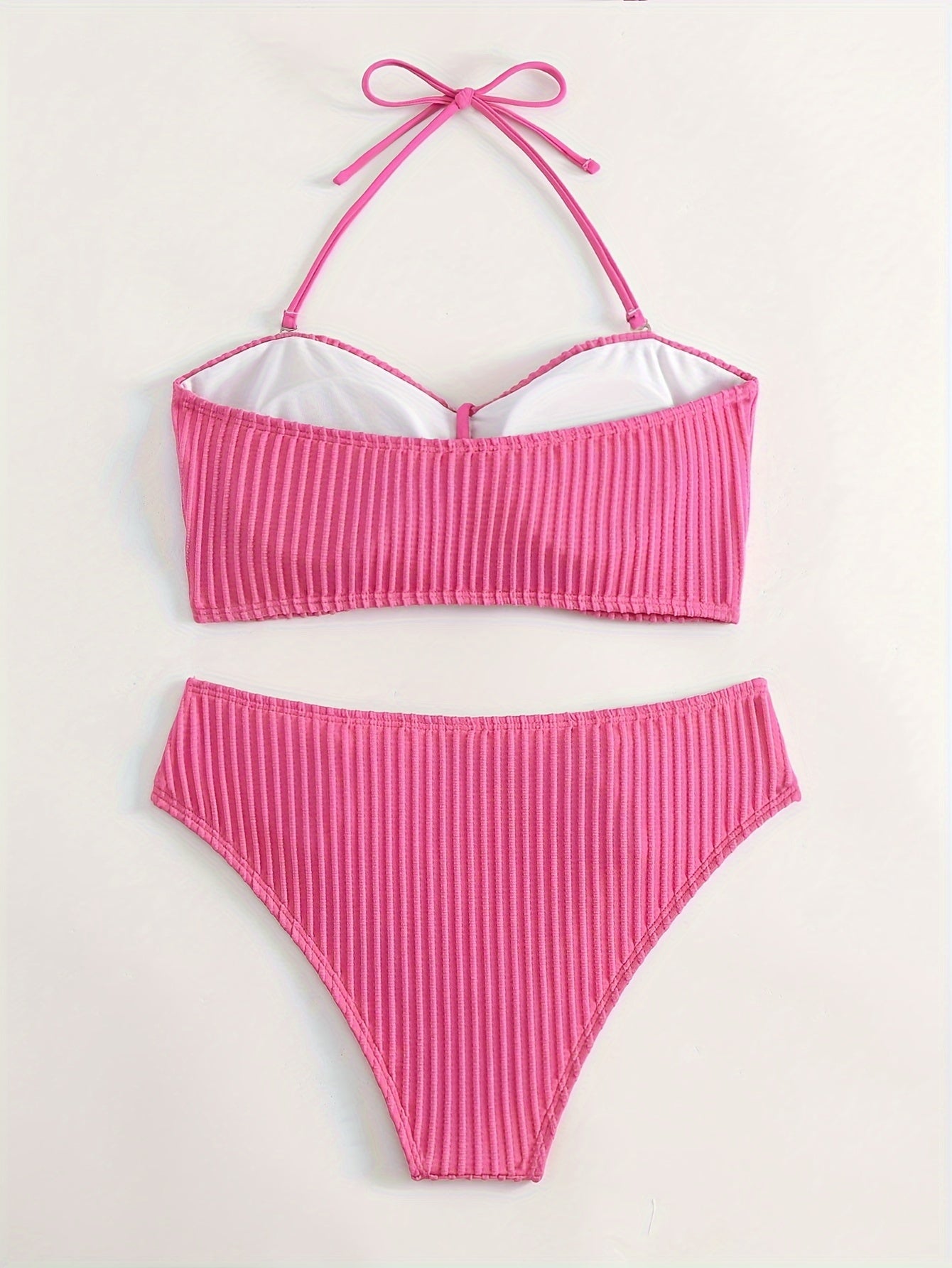 Rhinestone Chain Decor Texture Fabric 2 Piece Set Bikini, Halter Tie Neck High Waist White Swimsuits - Women's Swimwear & Clothing - For Carnival & Music Festival - For Women - Perfect for Summer Beach Vacation