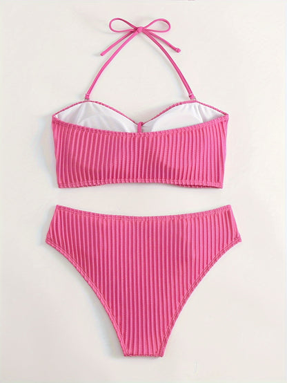 Rhinestone Chain Decor Texture Fabric 2 Piece Set Bikini, Halter Tie Neck High Waist White Swimsuits - Women's Swimwear & Clothing - For Carnival & Music Festival - For Women - Perfect for Summer Beach Vacation