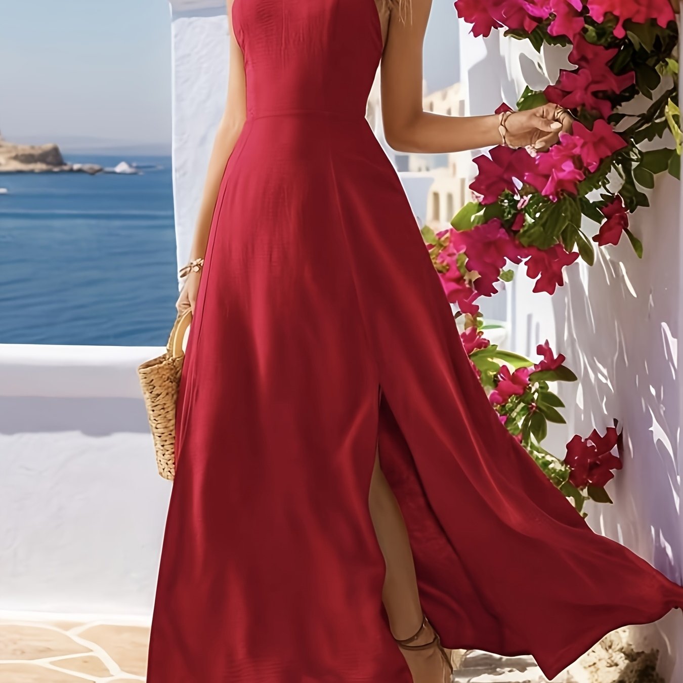 Women's Elegant Olive Green Cross-Strap A-Line Dress with High Slit & Flowy Train - Lightweight Machine-Washable Summer Dress for Beach Weddings, Evening Events, LL169, Beach Wedding Dresses for Bride, Evening Event Attire, S