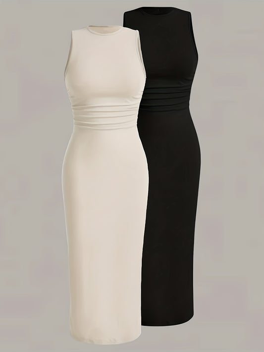 Solid Crew Neck Tank Dress 2 Pack, Versatile Sleeveless Slim Summer Dress, Women's Clothing