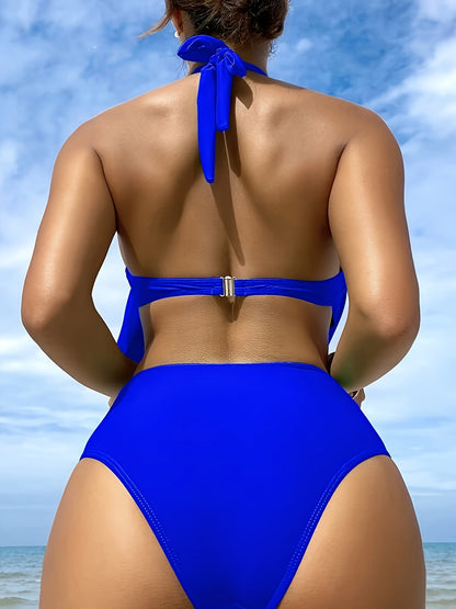 Chic High-Waist Halter Bikini Set: Flattering V-Neck Design, Stretchy Frill Detail, Non-Sheer - Women's Elegant Swimwear
