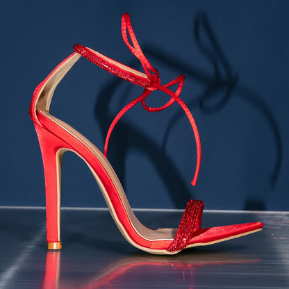 Women'S Elegant Red Sparkling Stiletto High Heels with Lace-Up Straps - Pointed Toe, Ultra High Heel, Perfect for Parties and Formal Events, Formal Footwear | Sparkling High Heels | Laceup Heels