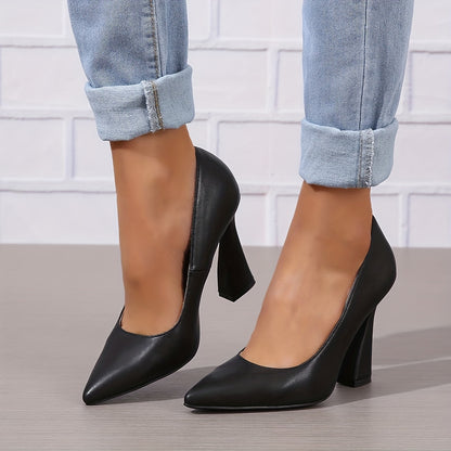 Women's Pointed Toe High Heels, Solid Color Slip On Chunky Flared Heels, Stylish Office Work Pumps