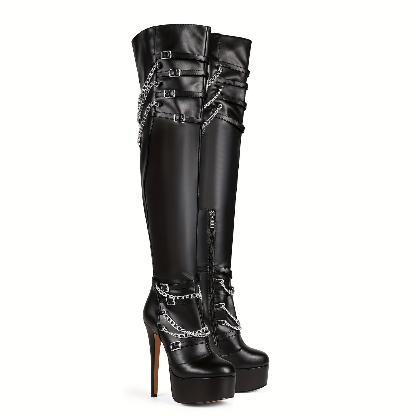 [Elegant] Women's Black Faux Cover Over-the-Knee Boots with Chain Buckles, High Stiletto Heels & Side Zipper - Stylish Thigh-High Platform Boots for Fashion & Music Festivals, High Heel Boots