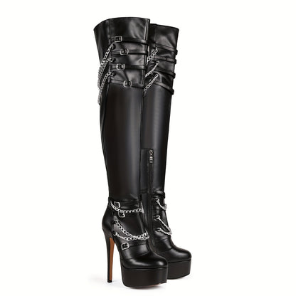[Elegant] Women's Black Faux Cover Over-the-Knee Boots with Chain Buckles, High Stiletto Heels & Side Zipper - Stylish Thigh-High Platform Boots for Fashion & Music Festivals, High Heel Boots