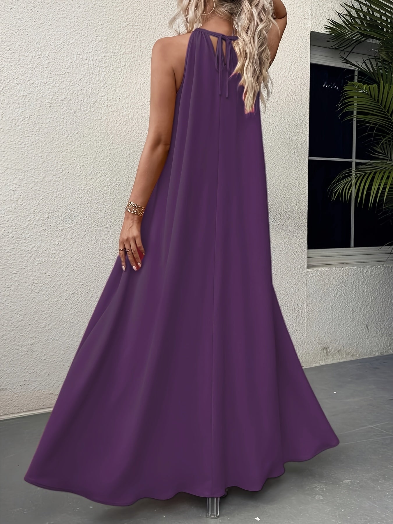 Women'S Sleeveless Halter Neck Maxi Dress - Elegant Purple, Solid Color, Backless Design for Beach & Vacation, Polyester, Summer Dress|Backless Dress|Polyester Dres