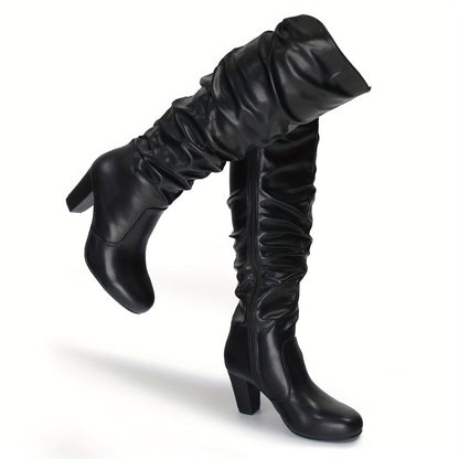 Women's Black White Fall High-heel Thigh High Boots Chunky Heels Side Zip Knee High Boots Winter Boots Women's Boots Elegant Boots, Wedding Season Bridesmaids Shoes Halloween Christmas Clearance Fall Big Sale