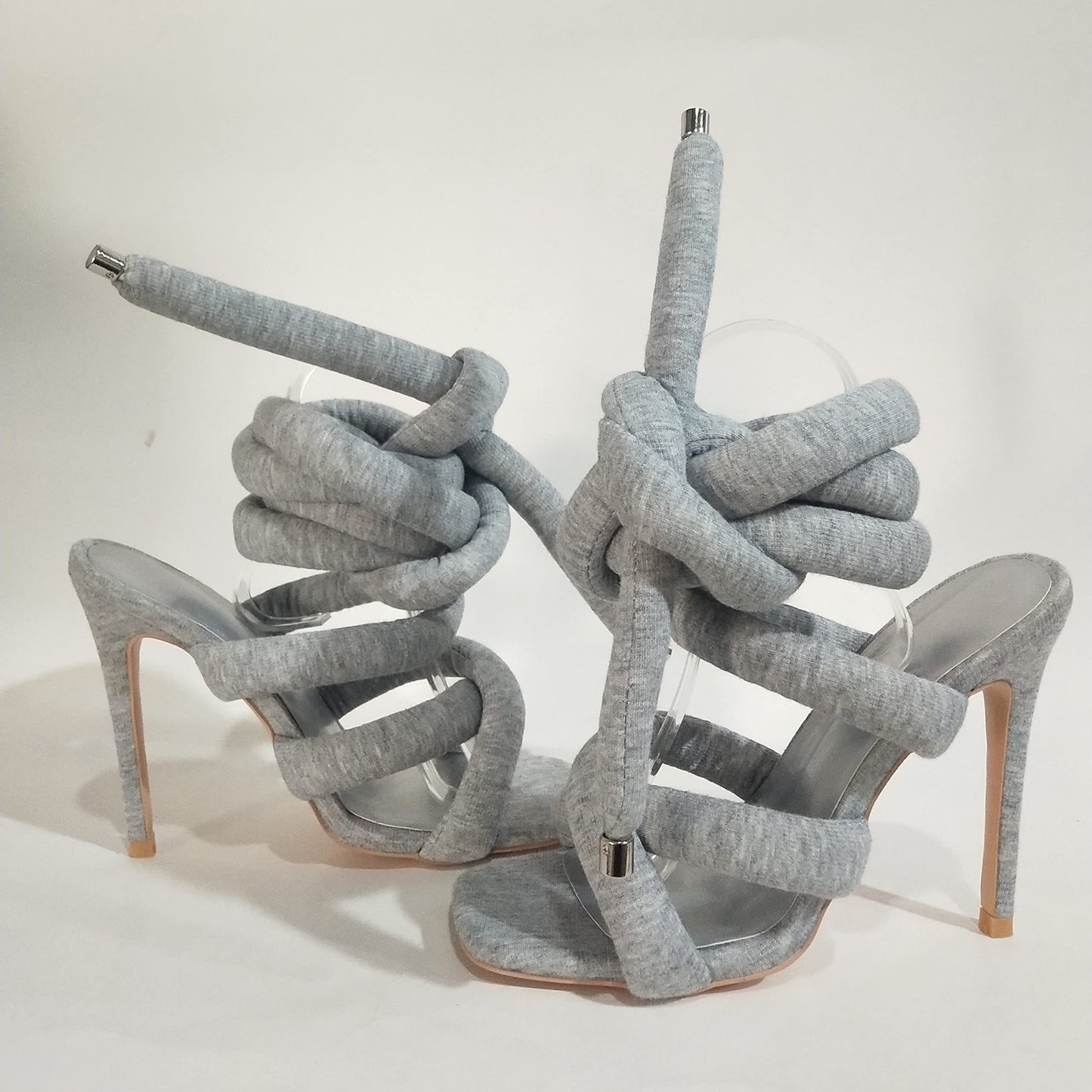 Strappy High Heels Gladiator Sandals - Grey Jersey Knit Fallopian Cloth Rope Lace Up Sexy Open Toe Square Stilettos Tie Up Heeled Sandals - For Women US Size 6-12 - Perfect for Parties & Night Out