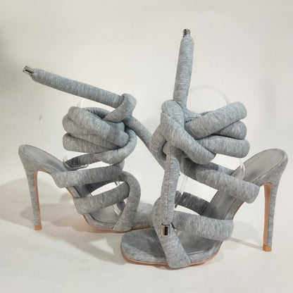 Strappy High Heels Gladiator Sandals - Grey Jersey Knit Fallopian Cloth Rope Lace Up Sexy Open Toe Square Stilettos Tie Up Heeled Sandals - For Women US Size 6-12 - Perfect for Parties & Night Out