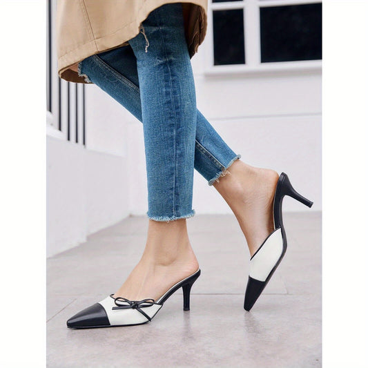 Women'S Two Color Bow Tie Mueller Shallow Dating Shoes Heels Closed Pointed Toe Slip On Backless Wedding Dress Shoes