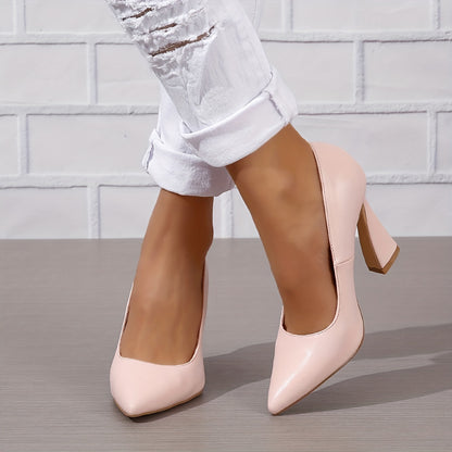 Women's Pointed Toe High Heels, Solid Color Slip On Chunky Flared Heels, Stylish Office Work Pumps