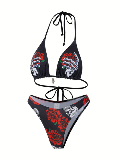 Halloween Skeleton & Flower Print Triangle 2 Piece Set Bikini, Spaghetti Strap Backless Stretchy Gothic Style Swimsuits, Women's Swimwear & Clothing Carnaval & Music Festival