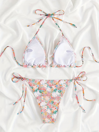 Floral Print Shirred Halter 2 Piece Set Bikini, Triangle Tie Strap Stretchy Swimsuits, Women's Swimwear & Clothing
