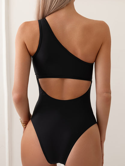 Elegant Black Mesh Contrast One-Shoulder Swimsuit | Sexy Push-Up Swimwear with High Stretch and Removable Pads