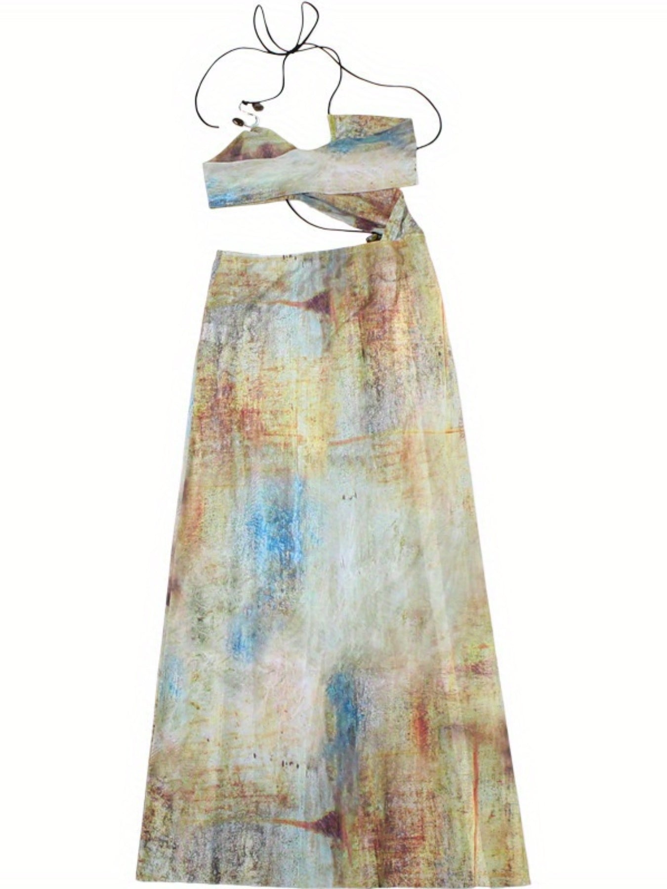 Women's Bohemian Tie-Dye Flowy Long Dress - Halter Neck, Cut-Out Details & S-Shaped Ring Embellishments, Semi-Sheer Sleeveless Summer Dress for Beach Parties & Casual Outings, Casual Summer Wear | Summer Style | Elegant Drape