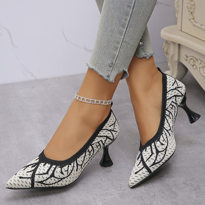 Women'S Embroidered Pointed Toe Pumps, Breathable Knit Fabric Dress Shoes, Fashion Stiletto High Heels with PU Sole for All Seasons