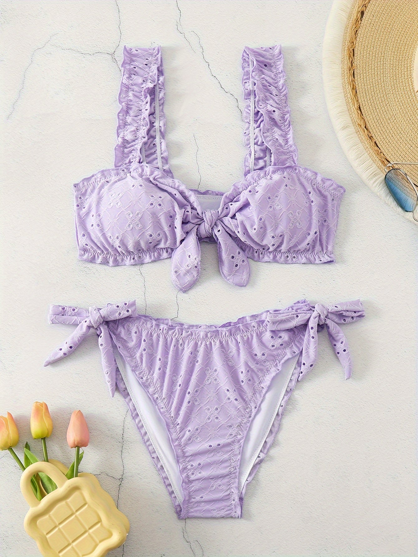 2 Piece Eyelet Embroidery Frill Stretchy Knot Bikini Set - Cute, Comfortable, and Chic Women's Swimwear with Plain White Color - Perfect for Beach, Pool, and Summer Vacation