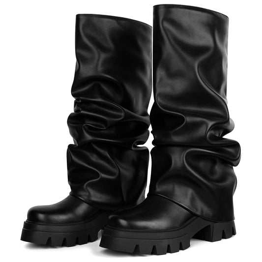 Women's Platform Knee High Boots Fashion Pleated Chunky High Heels Round Toe Fold Over Pull On Slouchy Shark Boots