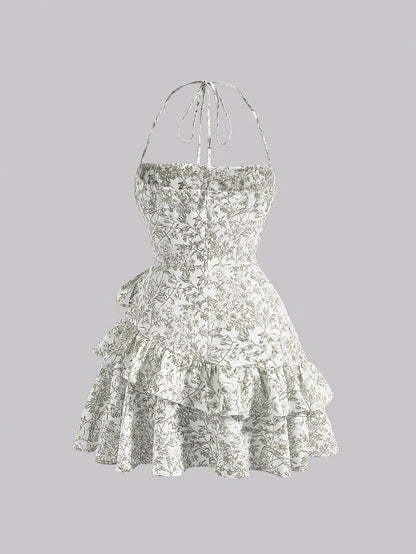 Women's Floral Print Halter Neck Dress - Pink & White Tiered Ruffled Skirt, Lightweight Summer Dress with Zipper Back, Machine Washable for Beach Vacations & Casual Outings, Beach Dress
