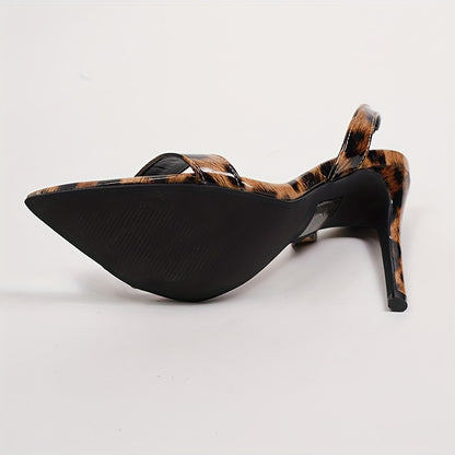 A Pair Of Women's Sandals With Pointed Toes, Thin High Heels, Ankle Straps, And Leopard Print