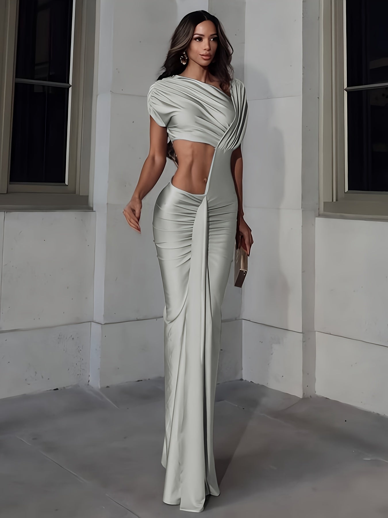 Elegant Off-Shoulder Long Gown with High Slit - Sexy, Bodycon, Sleeveless, Solid Color, Summer Dress for Adults, Evening Attire|Sophisticated Style|Sleek Fit