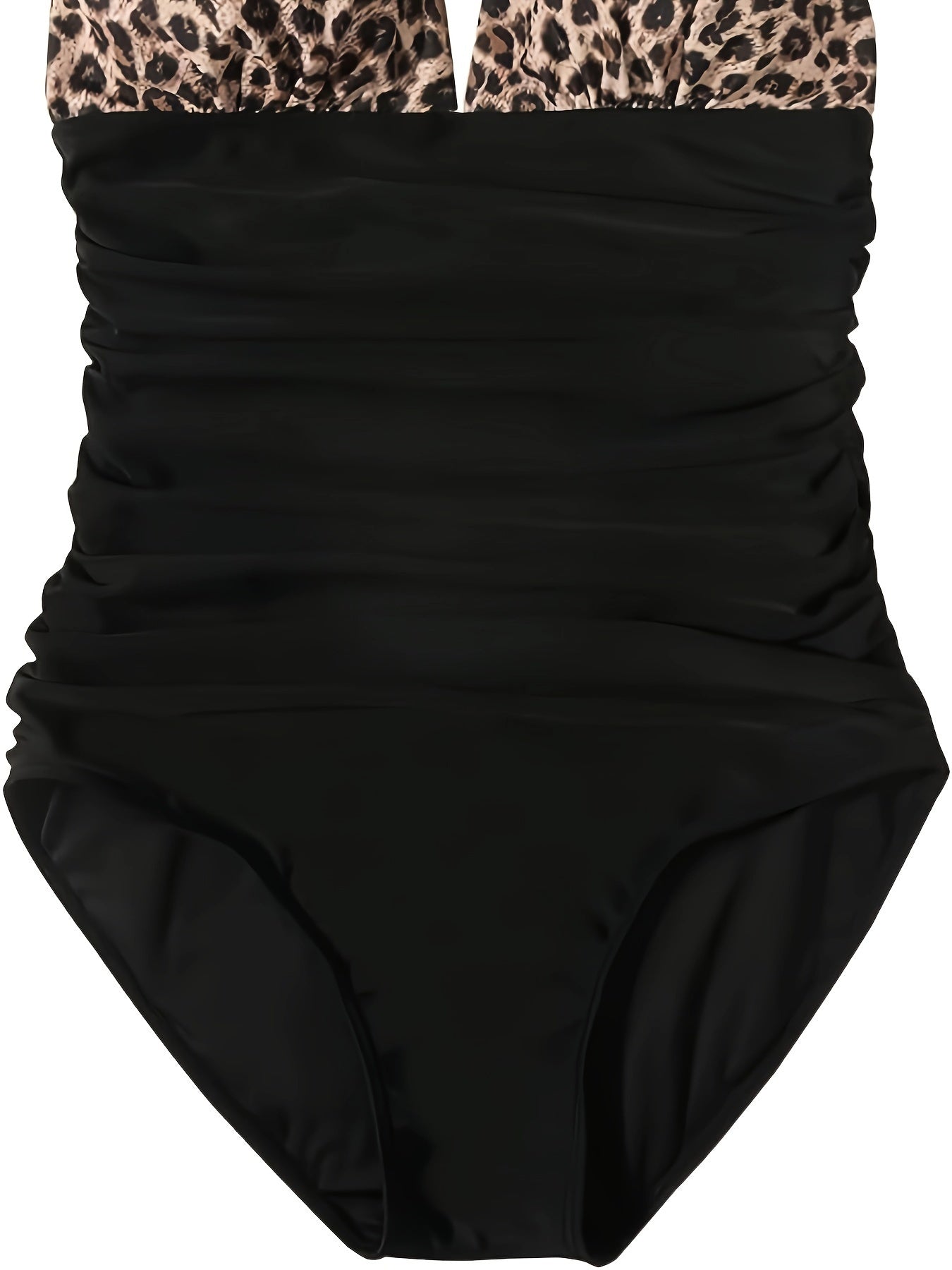Leopard Print One-piece Swimsuit, Halter V Neck Ruched Tummy Control Athing Suits, Women's Swimwear & Clothing
